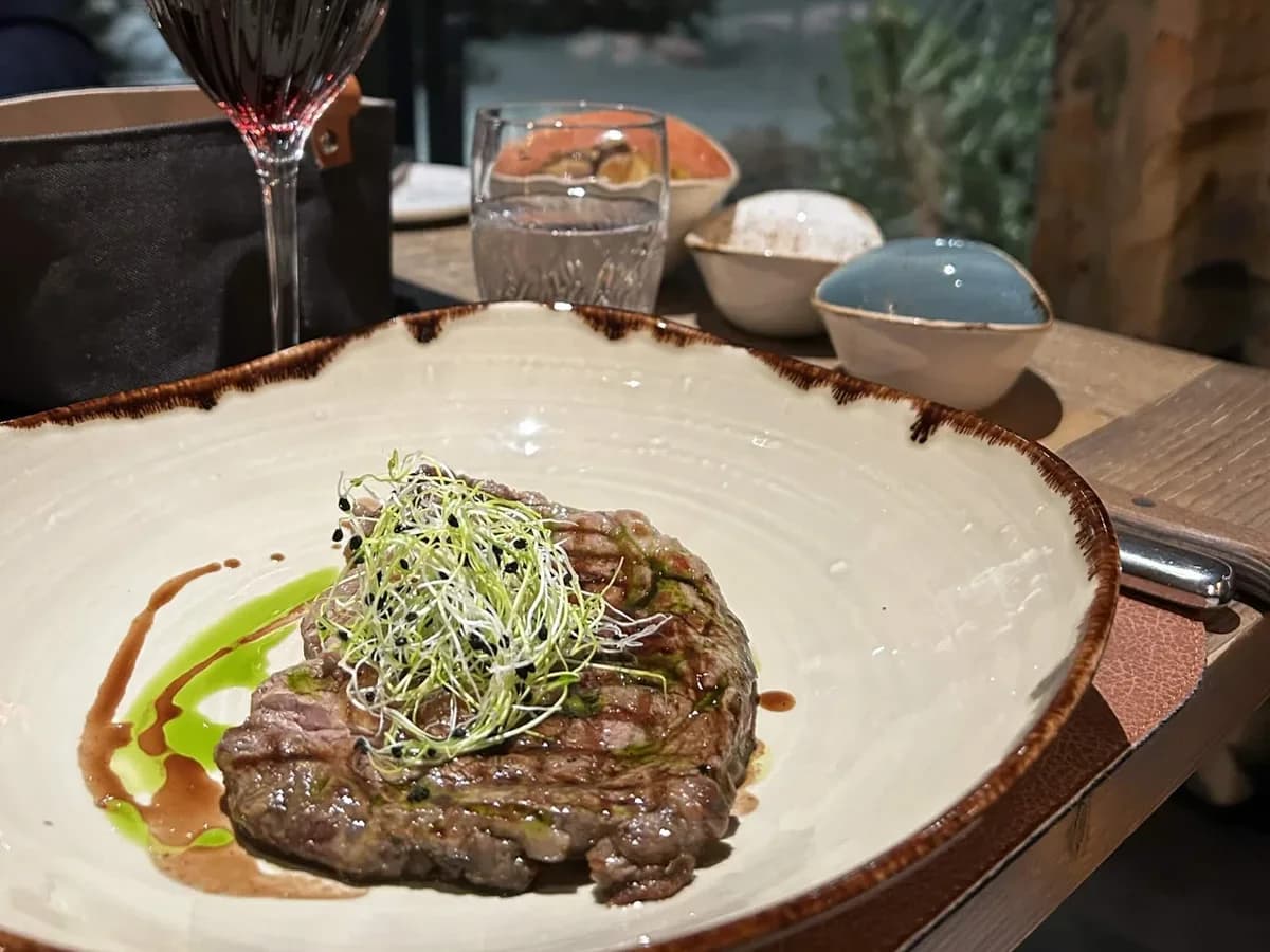 Gegrilltes Rindssteak mit Kresse, Jus und Kräuteröl auf einem Steingutteller, dahinter ein Glas Rotwein