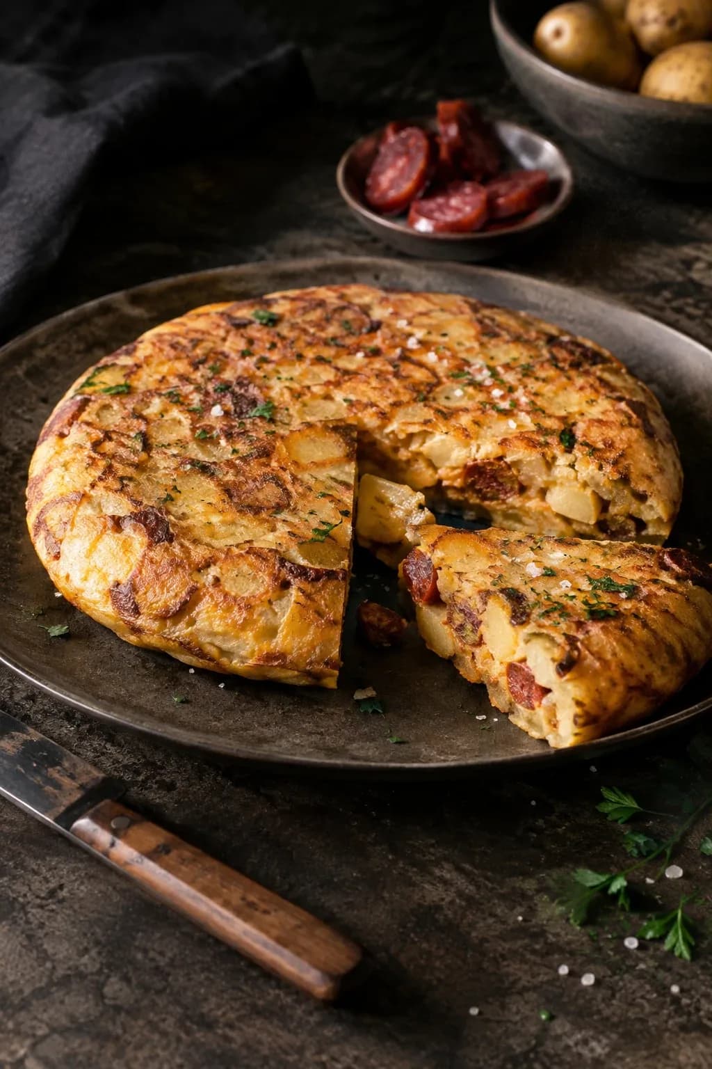 Goldbraune Tortilla mit Kartoffeln und Chorizo auf dunklem Teller, ein Stück herausgeschnitten, mit Petersilie und Meersalz